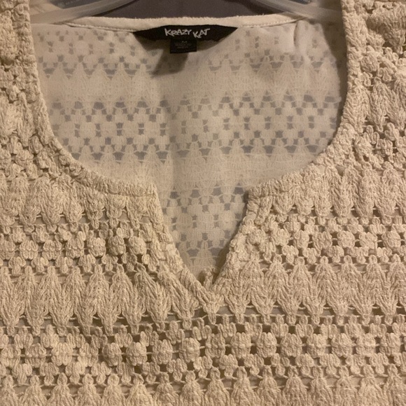 Ivory White Crochet Boho Bell-Sleeved Notch-Neck Flare Krazy Kat Tunic sz M - Picture 12 of 16